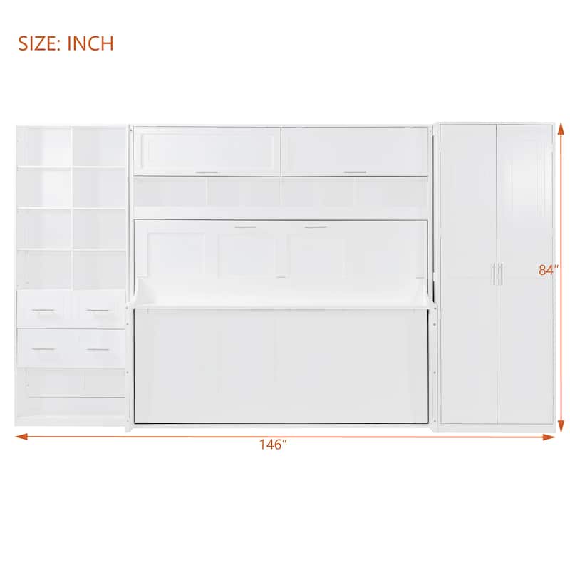 Full Size Wall Bed with Closet, Drawers, and Shelves in White