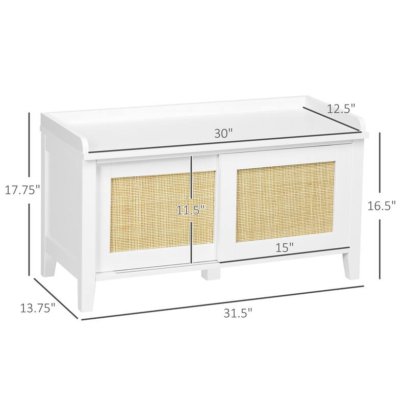 White Rattan Shoe Storage Bench with Sliding Doors and Pine Wood Legs for Entryway or Hallway - 31.5" W x 13.75" D x 17.75" H
