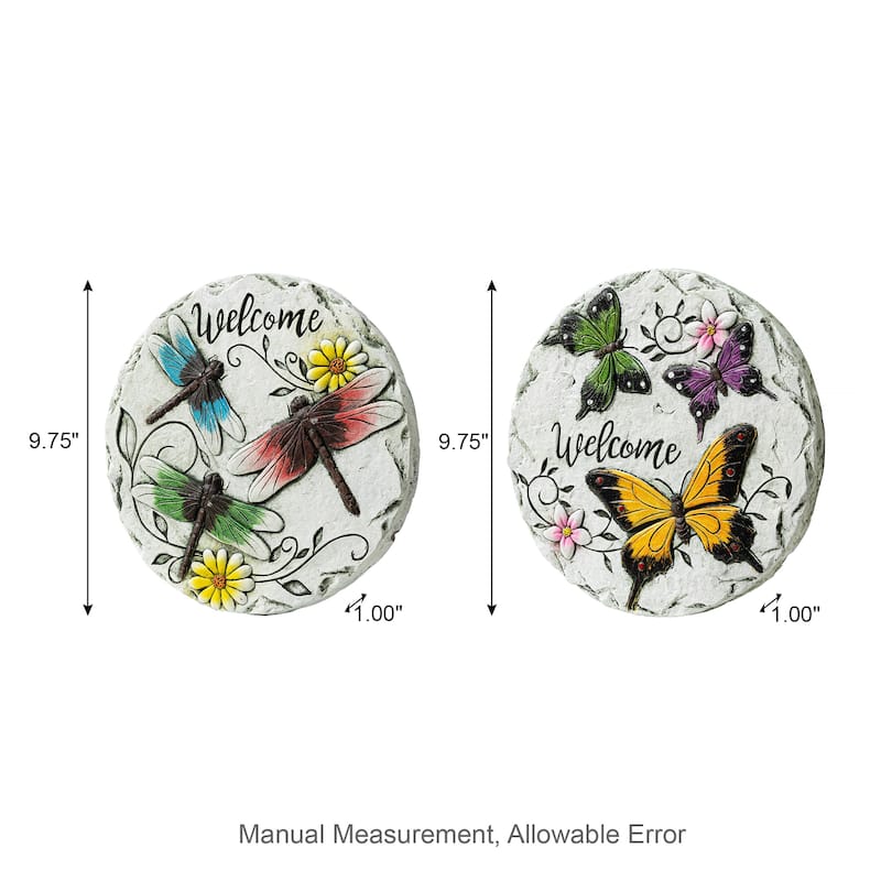 Glitzhome Set of 2 Cement Welcome Stepping Stones with Butterflies & Dragonflies - 9.75 in