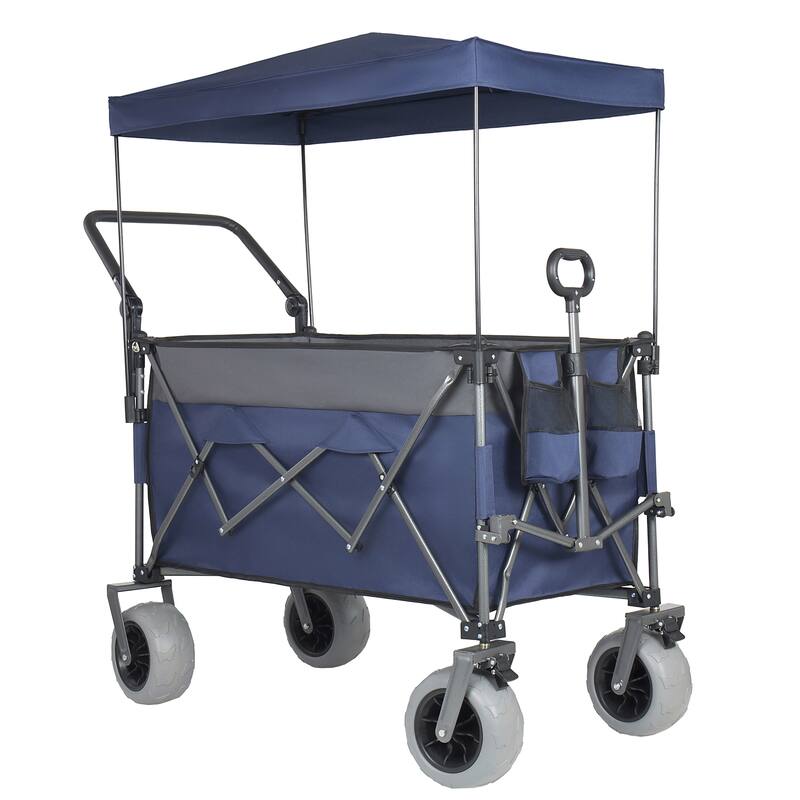 Multi-Functional Push-Pull Folding Wagon Cart with Rotating Handle & Canopy, 9"x4" Beach Tires, 300L Large Capacity