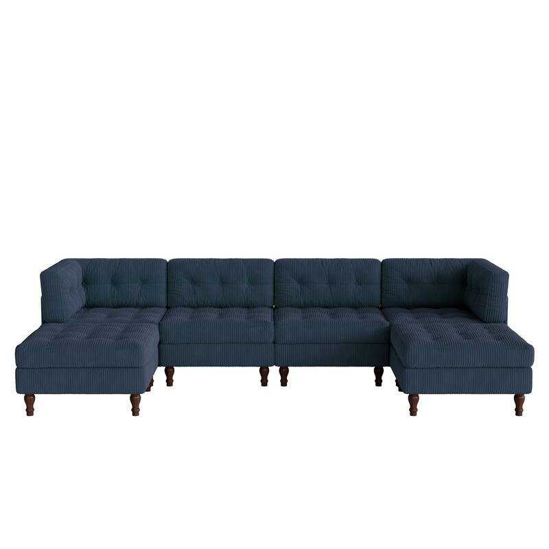 130"W Corduroy Upholstered Modular Sectional Sofa with Storage Ottoman