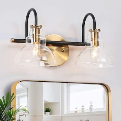 Modern Black Gold 2-Light Bathroom Vanity Light Wall Sconce with Clear Glass - 14.5" L x 7.5" W x 8" H