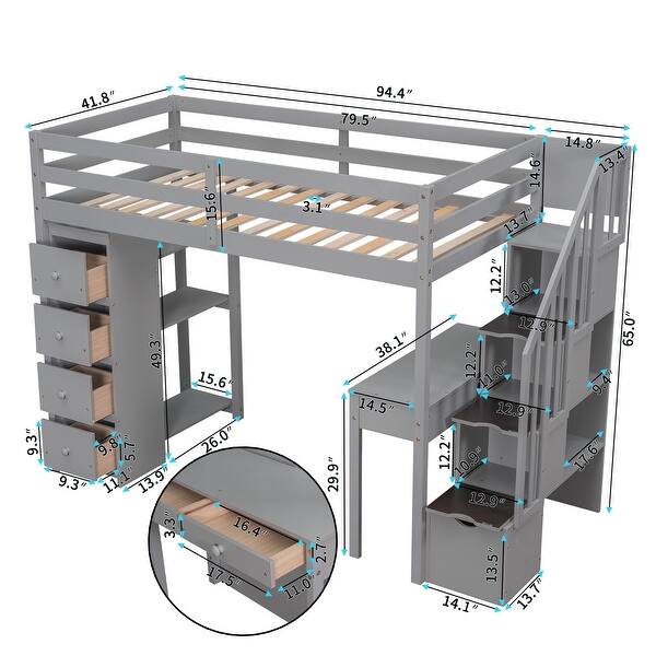 dimension image slide 0 of 2, Multi-Functional Twin size Loft Bed with Storage Drawers, Shelves, Desk and Stairs, Sturdy Construction & Unique Design