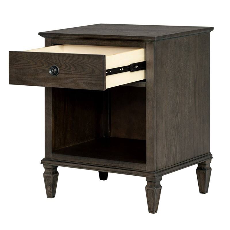 Roomfitters Victoria Nightstand, French Inspired Bedside Table with Storage Drawer and Open Shelf, Antique Brown