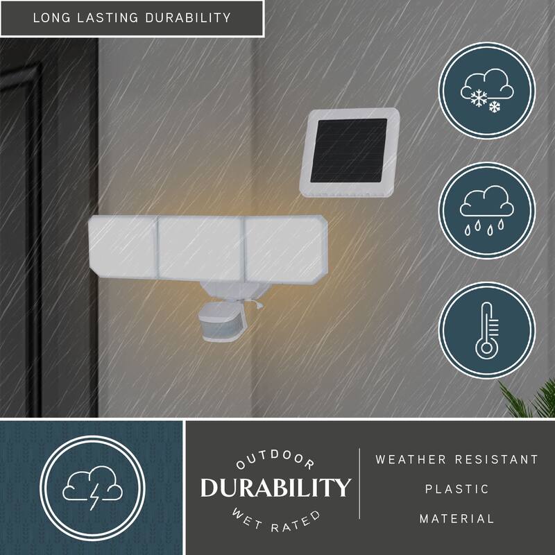 Solar Powered Outdoor Security LED Flood Light White, Motion Sensor, Dusk to Dawn, Battery Backup