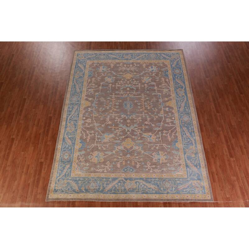 Hand Knotted Oriental 100% Wool Carpet Transitional All-Over Brown Oushak Area Rug - 12' 4'' X 9' 5''