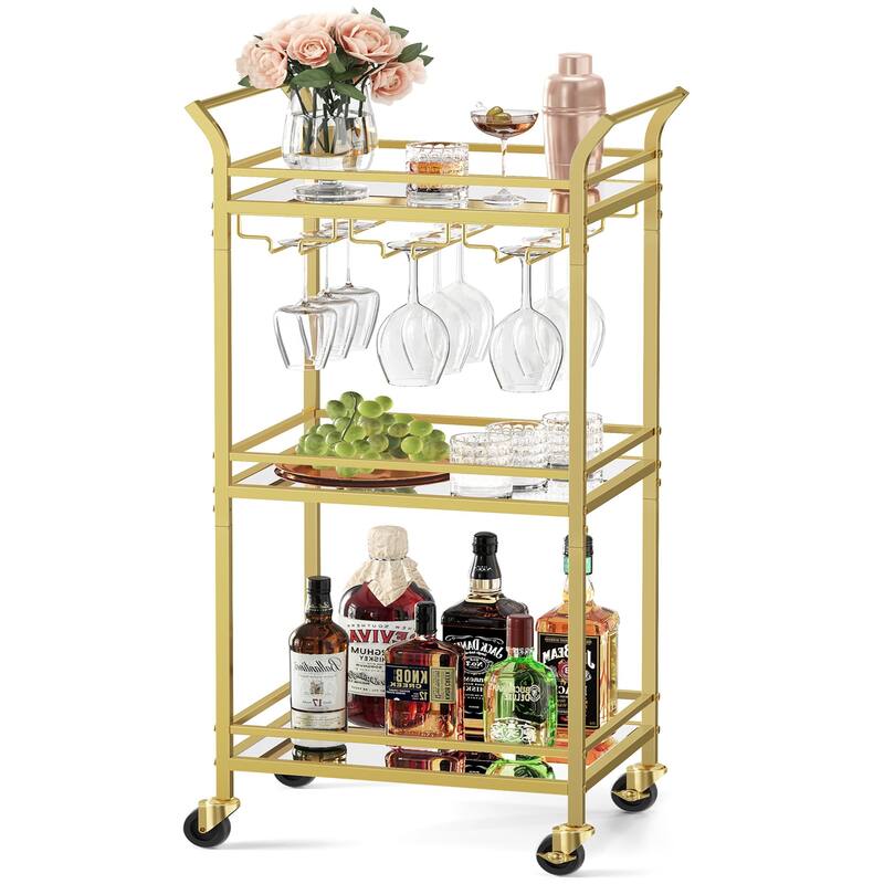 Mini Home Bar Cart with 3-Tier Shelf Wine Holders, and Glass Holders - Pale Gold