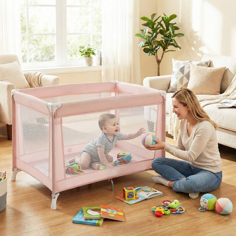Gymax Portable Baby Playard w/Soft Mattress Breathable Mesh Sides