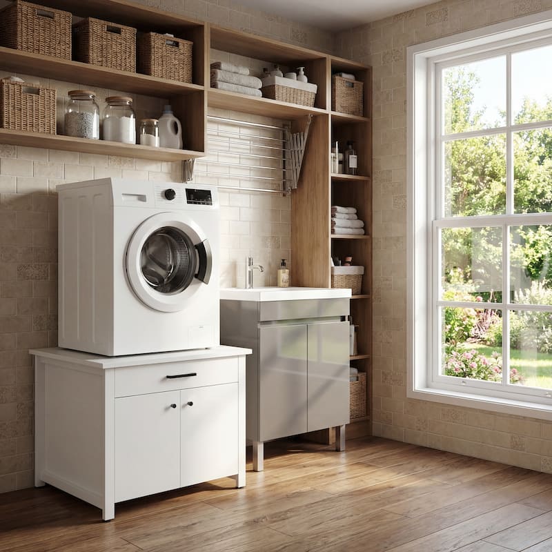 Laundry Cabinet with Drawer and Double Doors, Heavy Duty Washer Stand Storage Cabinet Utility Storage Cabinet