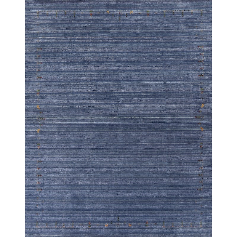 Striped Blue Gabbeh Indian Area Rug Handmade Wool Carpet - 8'0"x 9'8"