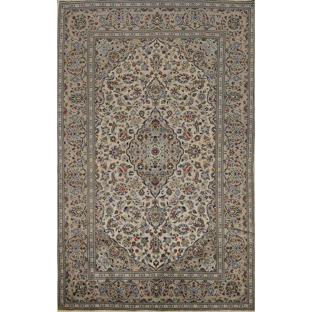 Hand Knotted Oriental 100% Wool Carpet Traditional Floral Beige & Ivories Kashan Area Rug - 9' 11'' X 6' 6''