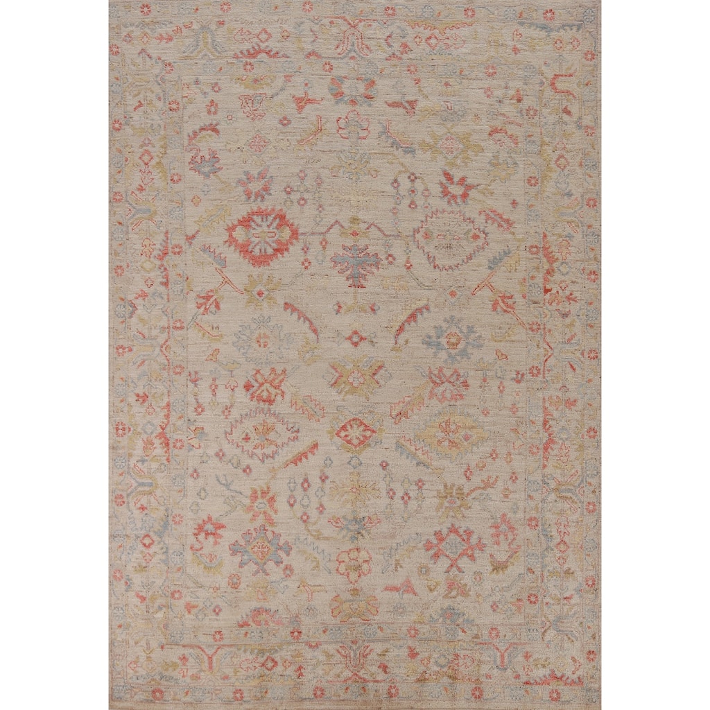 Hand Knotted Oriental 100% Wool Carpet Transitional All-Over Beige & Ivories Oushak Area Rug - 8' 11'' X 6' 0''