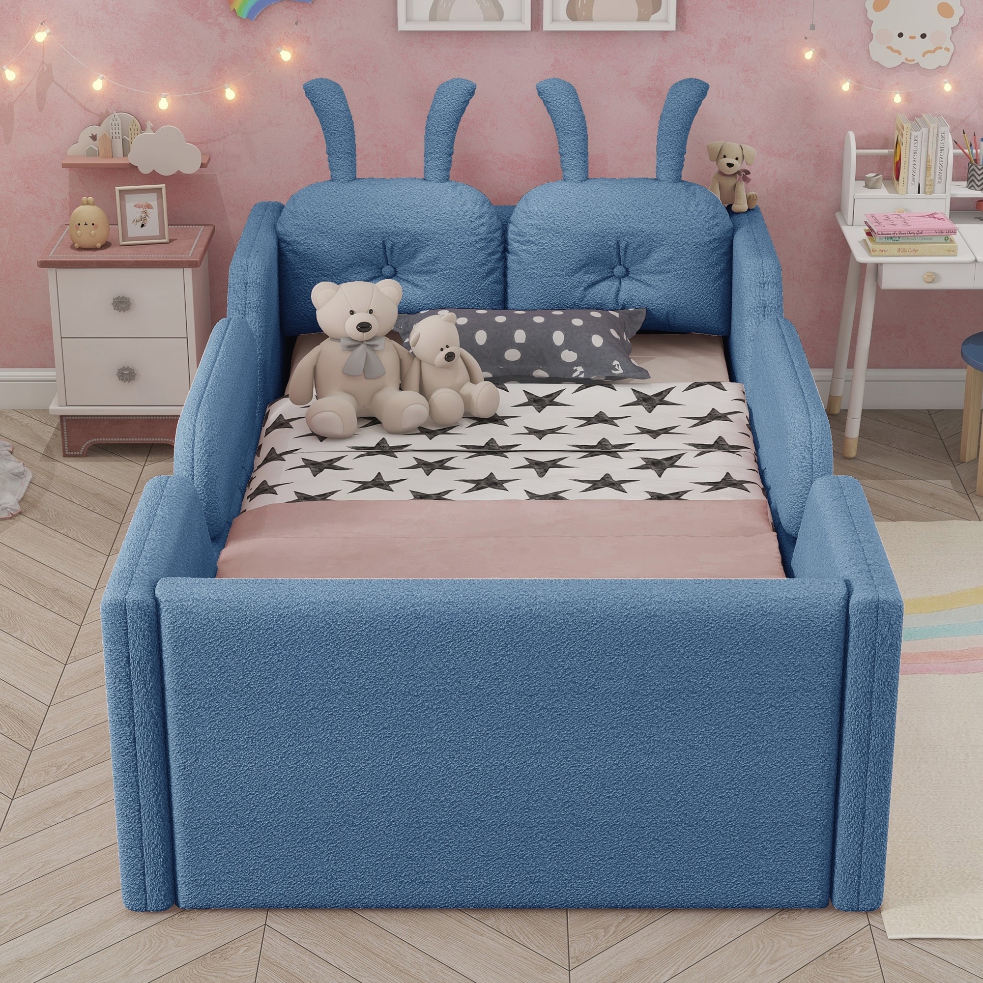 Twin Size Upholstered Platform Bed with Cushion, Kids Floor Upholstered Bed with Removable Side Rails
