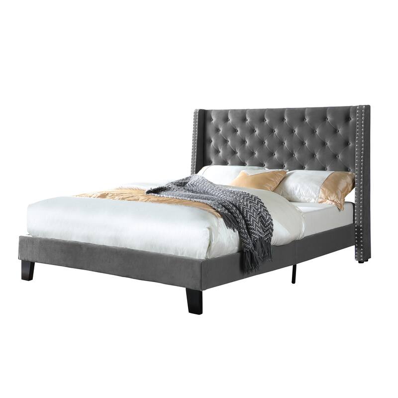 Mid-Century Tufted Platform Bed with Nailhead Trim - Queen - Grey