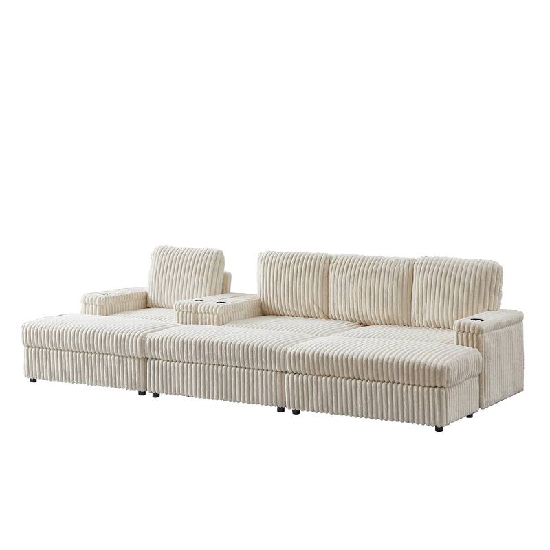 Anmytek Corduroy 3-Seater Deep Seat Sofa & Single Recliner With Cup-Holding Grooves