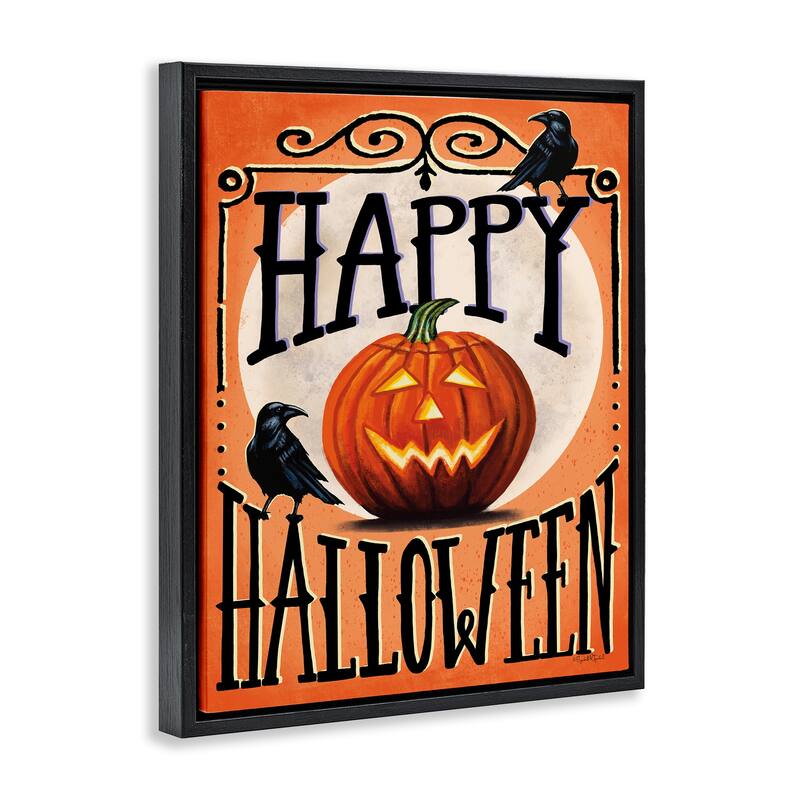 Stupell Happy Halloween with Crows Framed Floater Canvas Wall Art Design By Elizabeth Tyndall