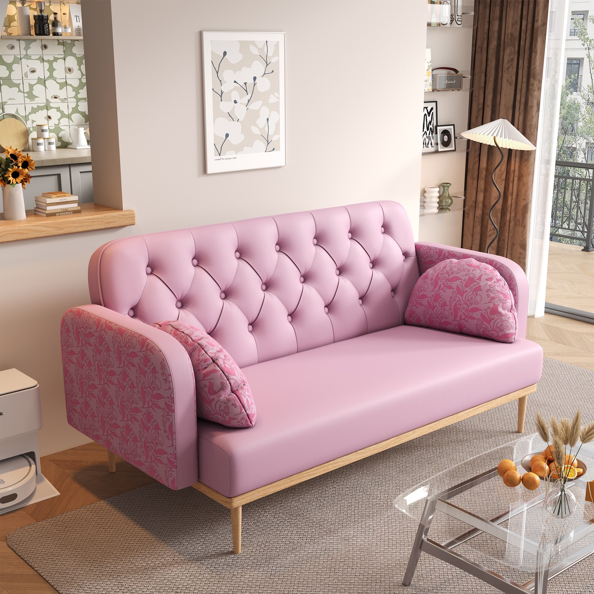 Light Pink Modern Light Pink PU Tulip Pattern Loveseat Sofa with Throw Pillows - Bed Bath & Beyond