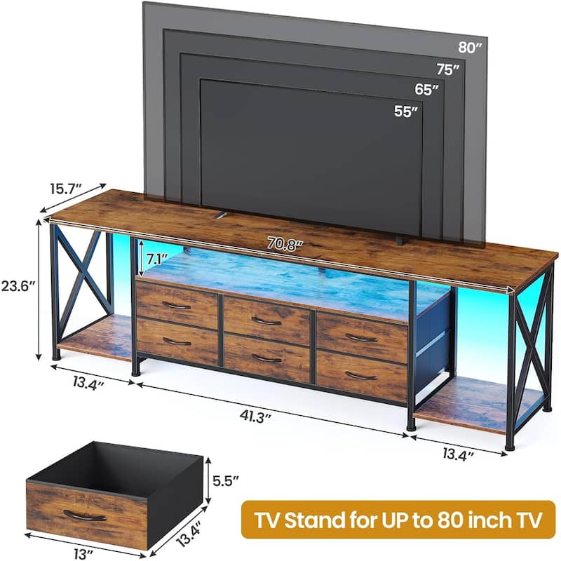 TV Stand with LED Lights Power Outlets Dresser Fabric Drawers Entertainment Center