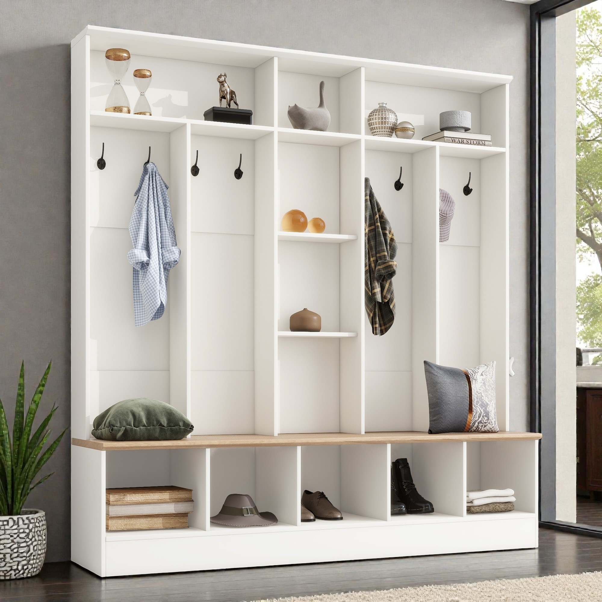 Hall Tree with Storage Bench, 8 Hooks, 5 Cubbies, Open Shelves, Entryway Organizer with Coat Rack and Display Shelf