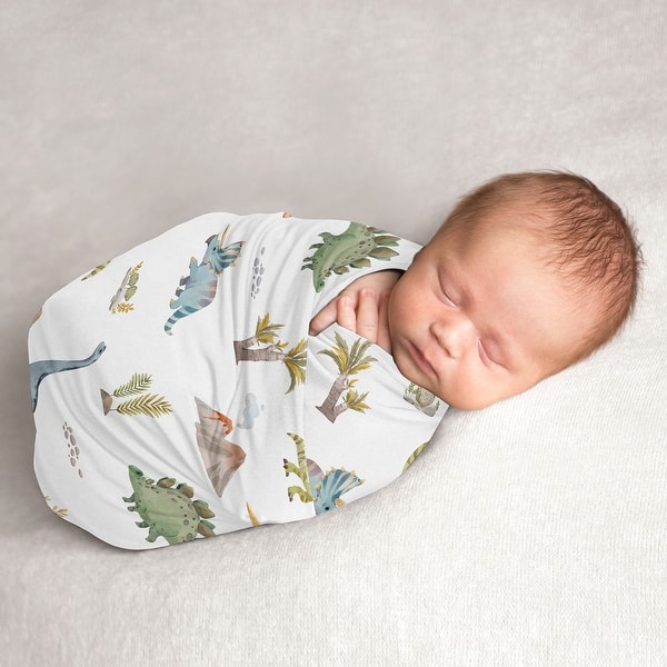 slide 2 of 6, Sweet Jojo Designs Watercolor Dinosaur Dino Boy Baby Swaddle Receiving Blanket Green Blue Modern Jurassic Nature Animal Steel