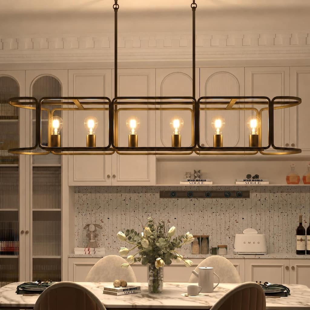 LALUZ Modern 6-Light Black Large Rectangle Chandelier for Kitchen Island Dining Room - L 48" x W 12" x H 8.7"