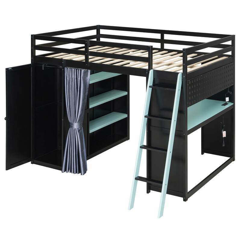 All-in-One Loft Bed Full Size Bedframe with Wardrobe, Shelves, Blackout Curtains, Pegboard, Charging Station and RGB Light Strip