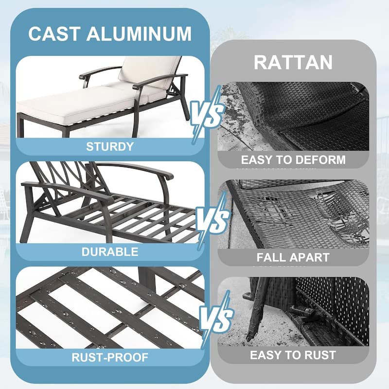 3-Piece Outdoor Aluminum Reclining Chaise Lounge (set of 2)with Table and Cushions