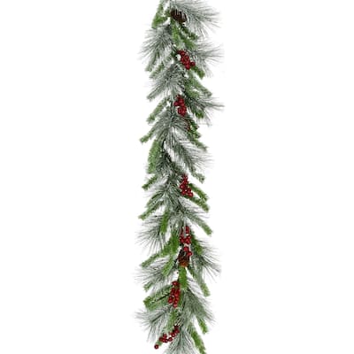 Fraser Hill Farm 9-Ft. Lightly Flocked Decorative Garland with Pinecones and Red Berries - 9 Foot
