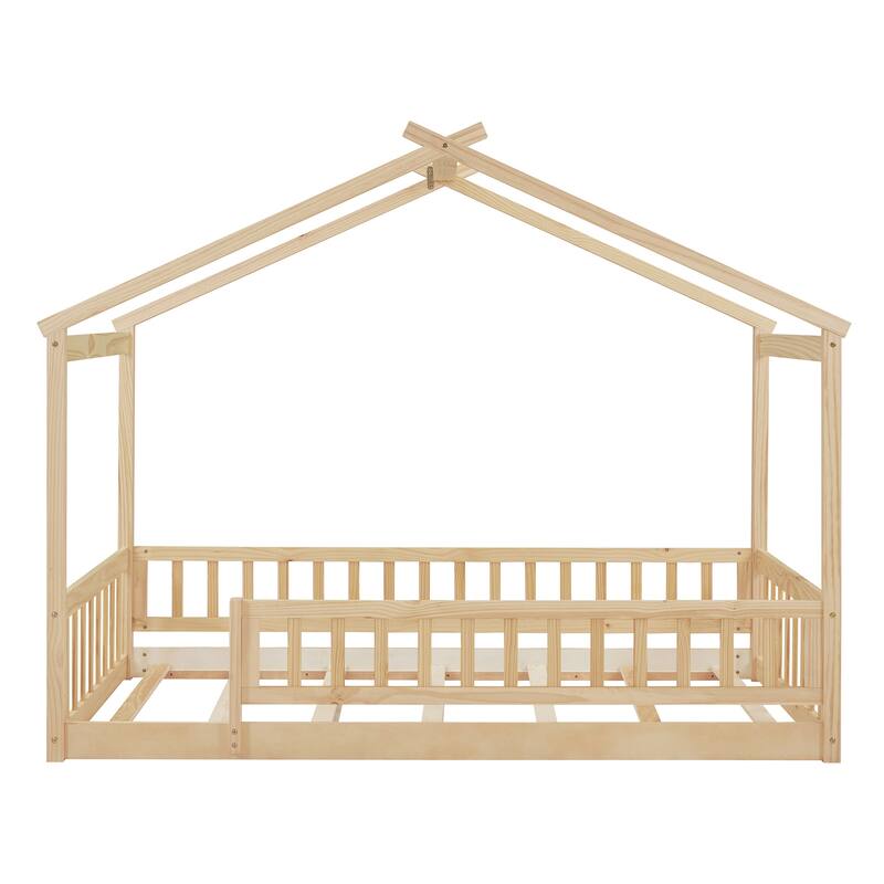Natural Twin Size House Bed with Storage Space and Roof for Boys and Girls