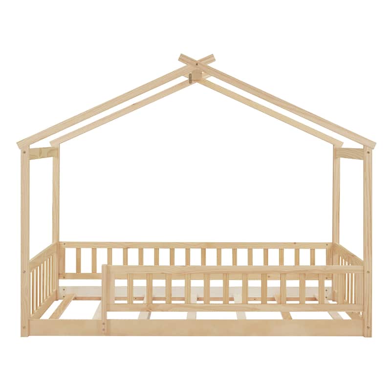 Twin Size Wood House Bed Frame with Roof and Fence, for Kids, Teens, Girls, Boys
