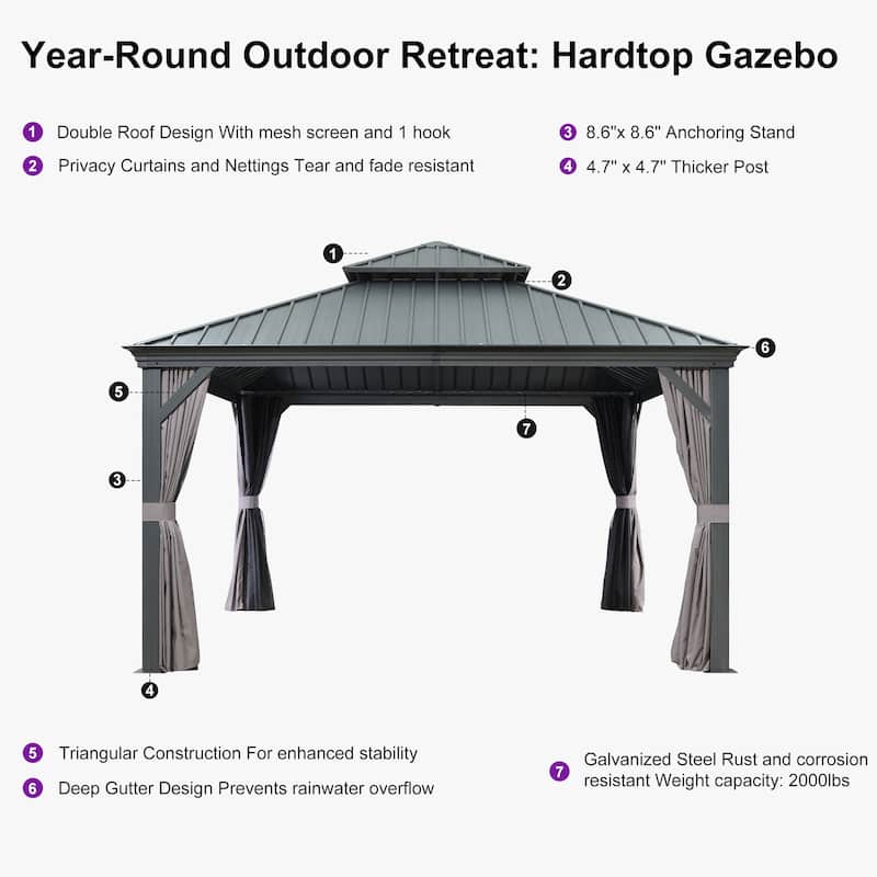 PURPLE LEAF Outdoor Galvanized Steel Hardtop Gazebo, Aluminum Frame Gazebo With Curtains