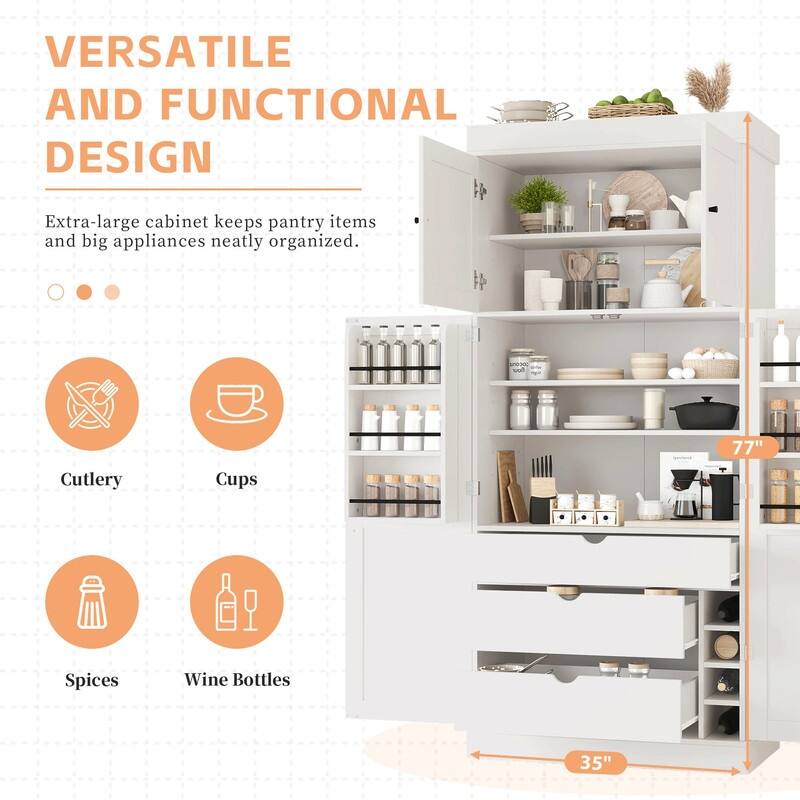 Freestanding 77"Tall Kitchen Pantry with Adjustable Shelves,Door Shelves, Drawers and Wine Racks