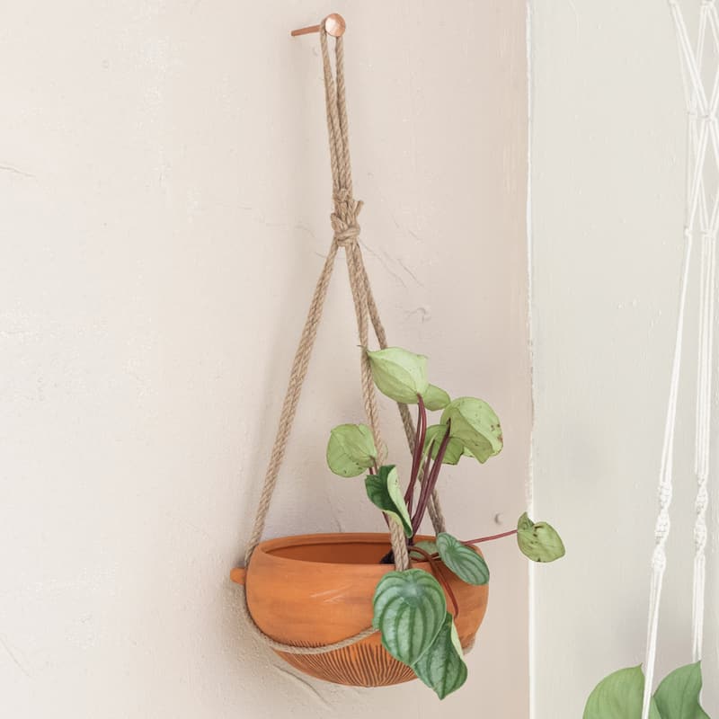 Hanging Stoneware Planter with Cotton Hanger - 9.7"L x 9.7"W x 5.1"H - 9.7"L x 9.7"W x 5.1"H - Terracotta
