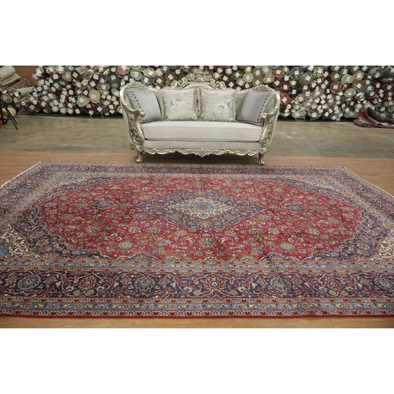 Hand Knotted Oriental 100% Wool Carpet Traditional Floral Red Kashan Area Rug - 13' 5'' X 9' 7''
