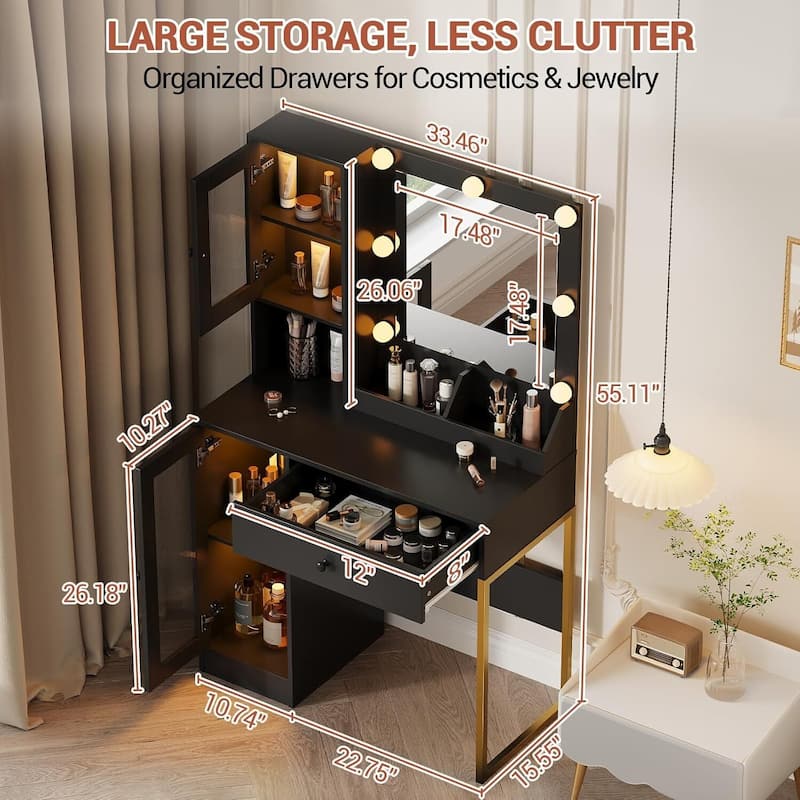 Vanity Desk, Makeup Dressing Table with LED Lights, Mirror, Built-in Outlets & USB Ports