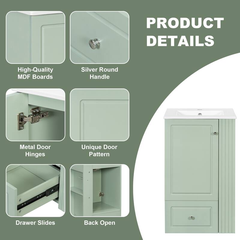 20" Small Bathroom Vanity with Ceramic Sink, Soft-Close Drawer, Open Shelves & Towel Bar, Modern MDF Freestanding Cabinet