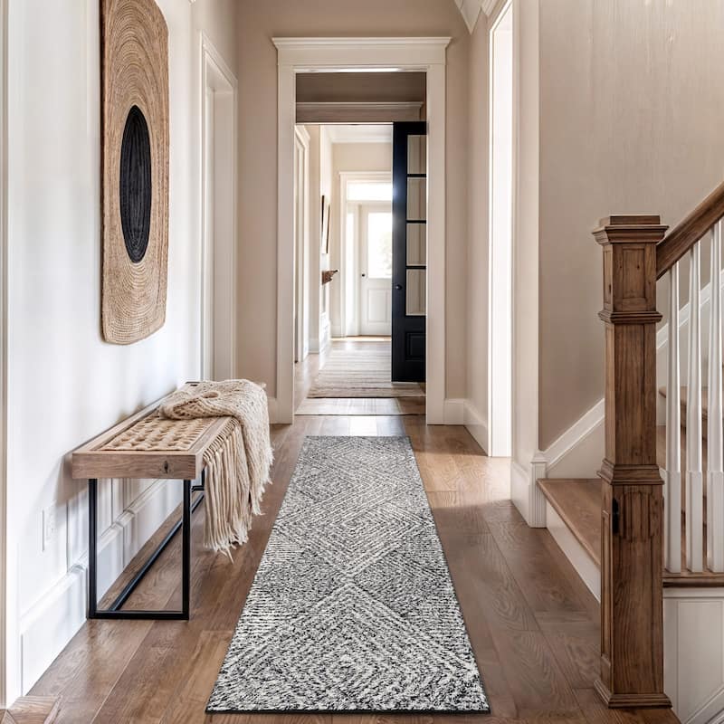 Minimal Stripe Geometric Shag Rug - Anthracite Dark Gray - Medium Pile - Cozy & Modern - White - 2' 3" x 8'