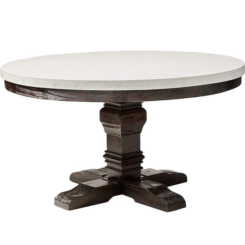 Round Marble Top Dining Table in White and Salvage Dark Oak