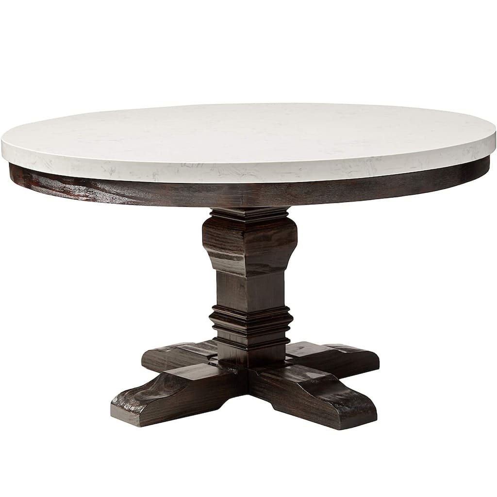 Round Marble Top Dining Table in White and Salvage Dark Oak