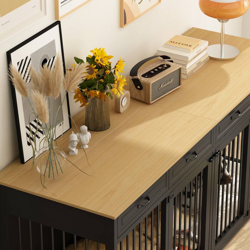 Wooden Dog Crate Kennel Furniture for 2 Dogs with Divider & Drawers