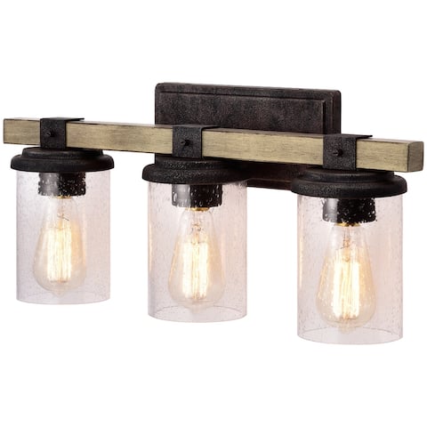 3-light Woodgrain and Black Textured Vanity Light with Clear Seeded Glass - W22" x D6.25" x H9.75"