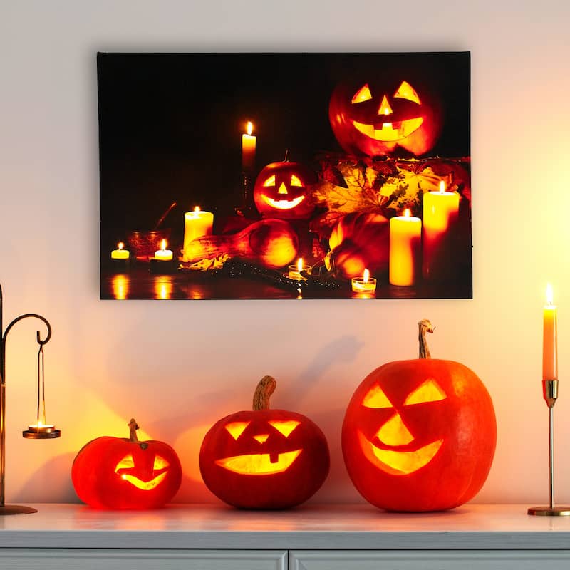LED Jack-O-Lanterns & Leaves Halloween Canvas Wall Art 15.75"x23.5"