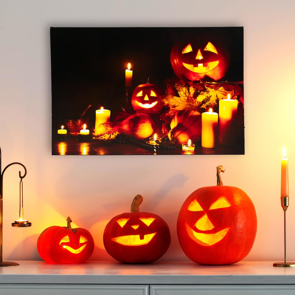 LED Jack-O-Lanterns & Leaves Halloween Canvas Wall Art 15.75"x23.5"