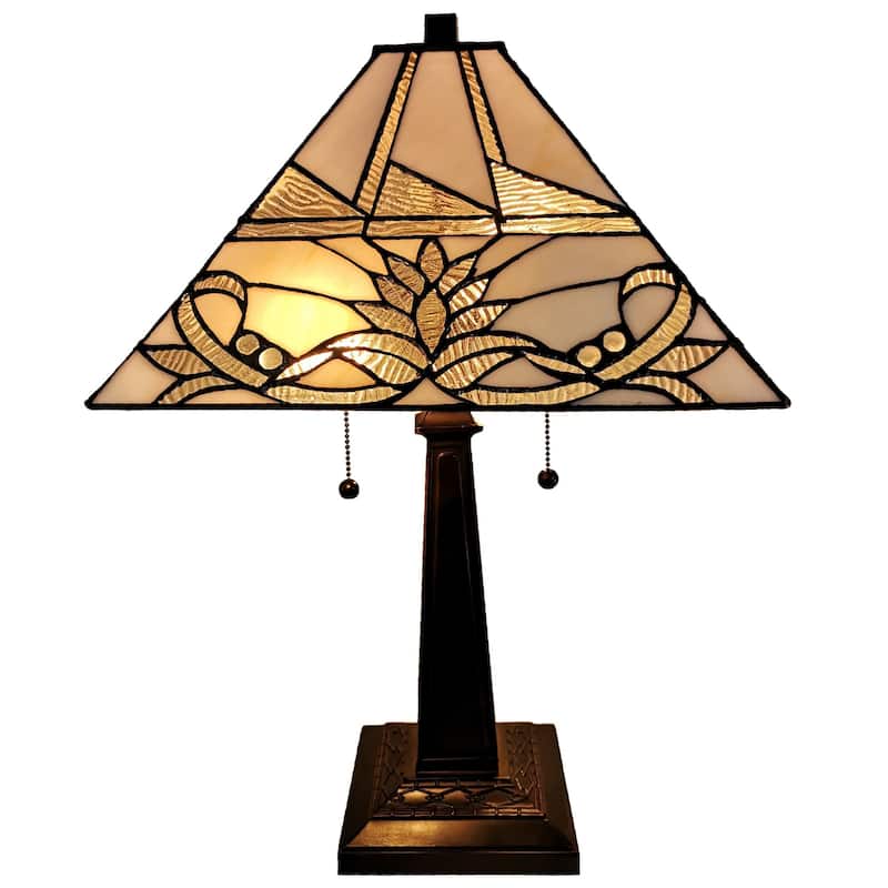 Tiffany Style Table Lamp Mission 22" Tall Stained Glass Tan Floral Flower Decor Bedroom Handmade Gift Amora Lighting