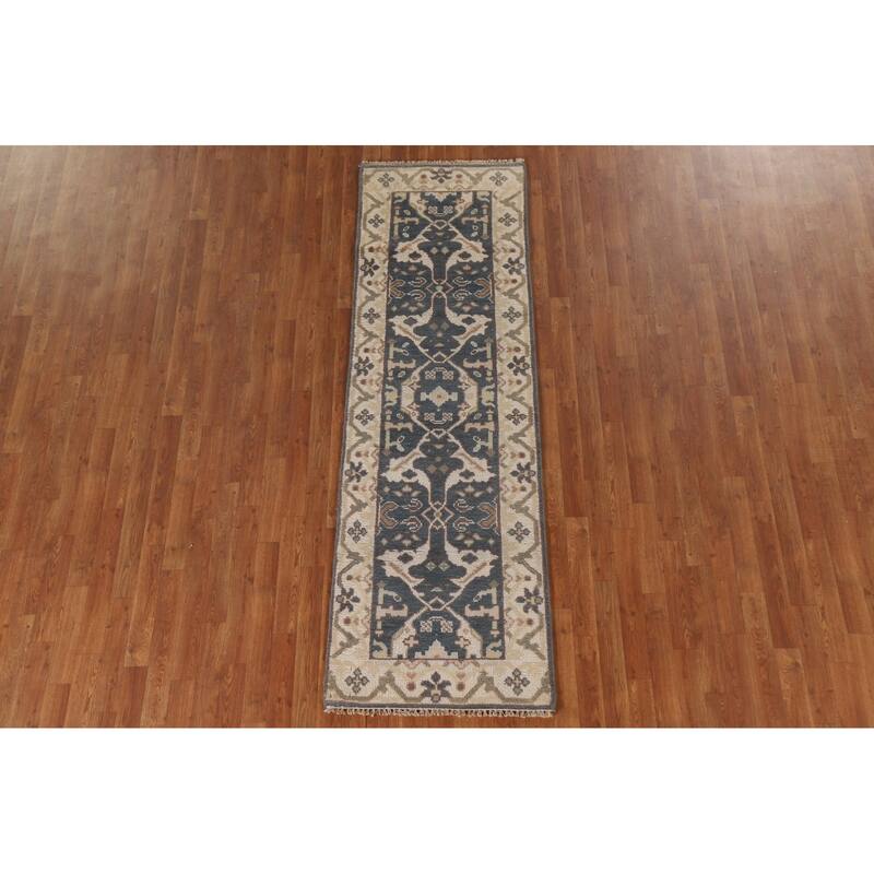 Blue Oushak Style Runner Rug Hand-knotted Wool Carpet - 2'6"x 8'0"