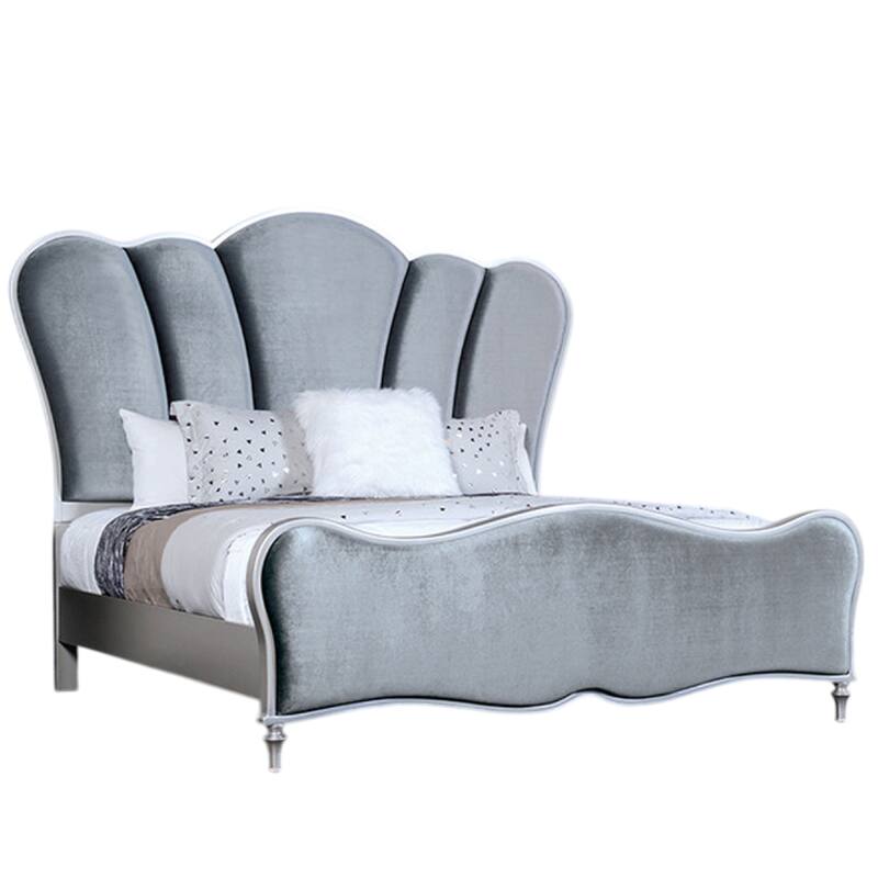 Eleena Queen Bed, Scalloped Padded Channel Tufting, Silver Upholstery
