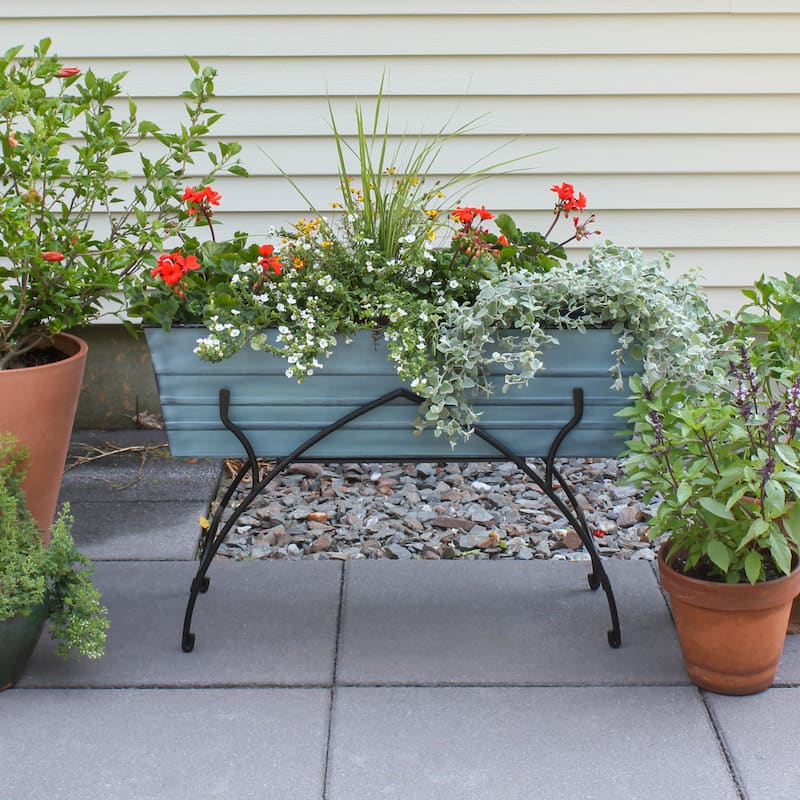 Achla Designs 35.25"L Rectangular Galvanized Steel Indoor Outdoor Large Flower Box w/Black Wrought Iron Bella Stand