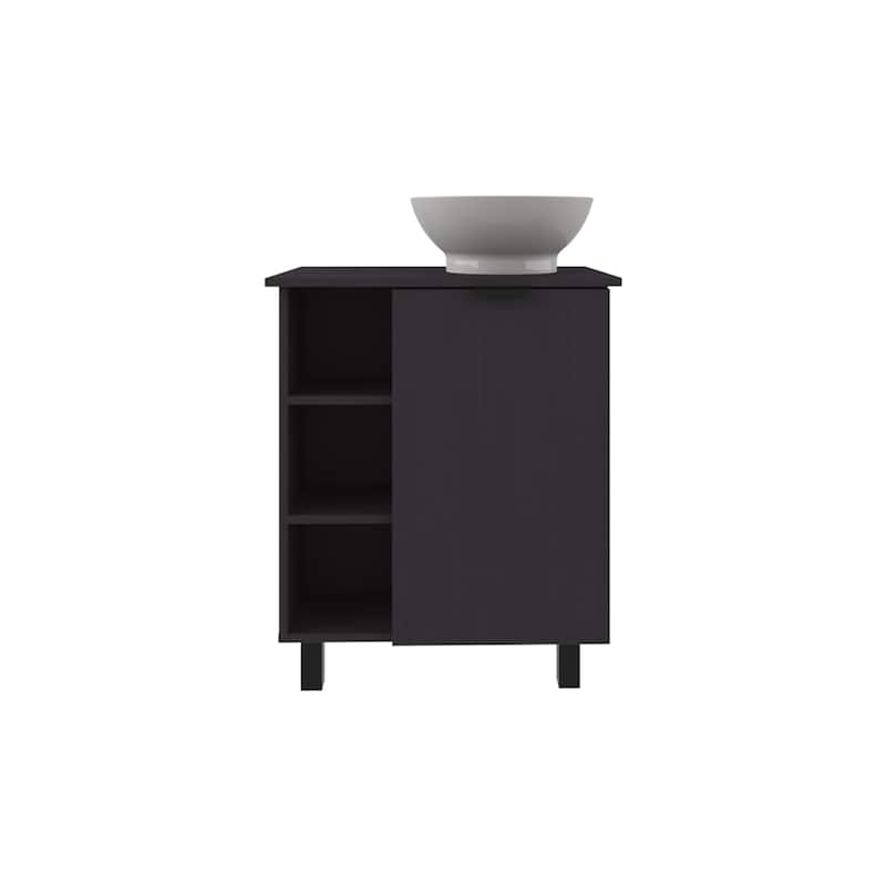 Compact bathroom vanity with open shelves