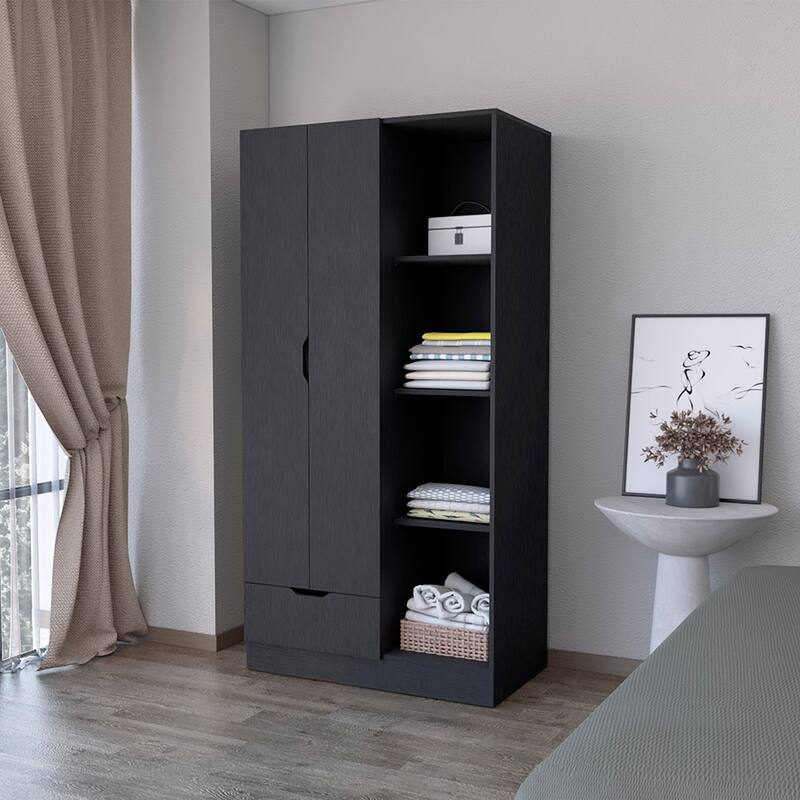 Armoire features four open storage shelves for Bedroom, Black