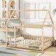 preview thumbnail 1 of 24, Full Wood Size Floor Bed with Frame, Platform Bed with Guardrails,House Roof Natural